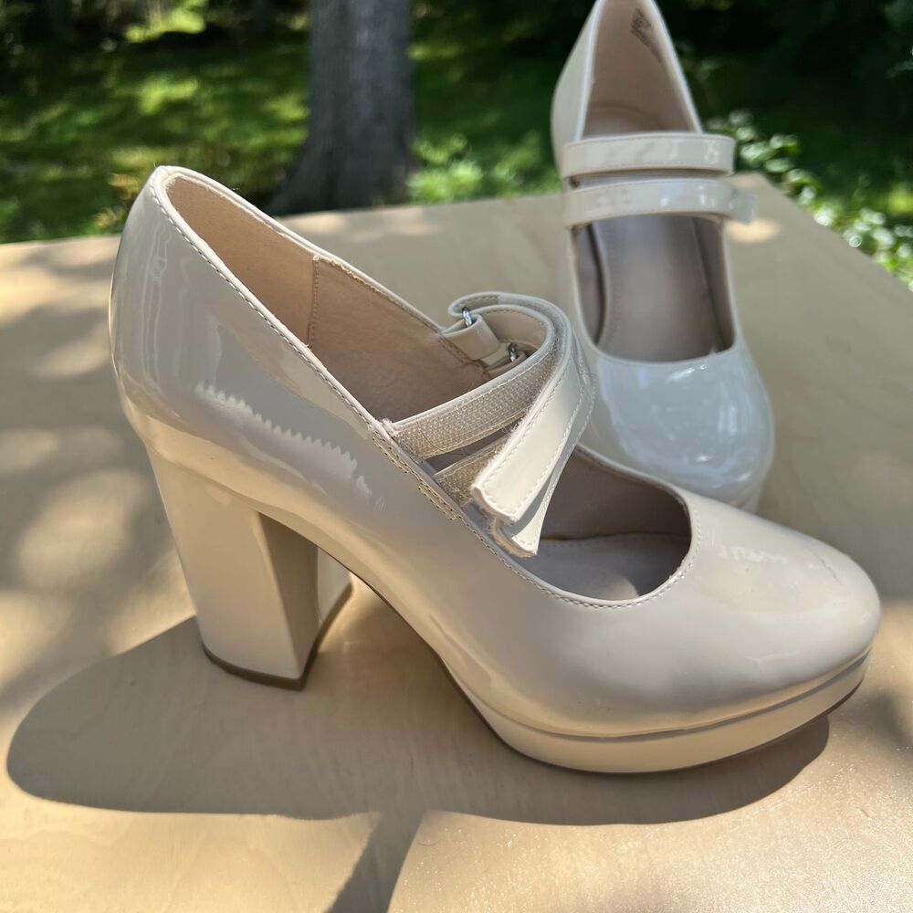 Limelight Bone Patent Platform Mary Jane Pumps Block Size 6 Shoe Nude - Picture 3 of 11